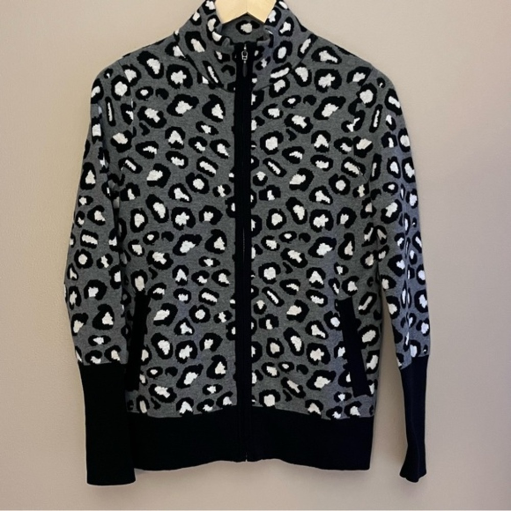Rachel Zoe Leopard Print Zip Cardigan Sweater‎ Black Gray Size XS